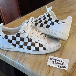 Louis Vuitton White and Brown Checkered Sneakers FRONTROW